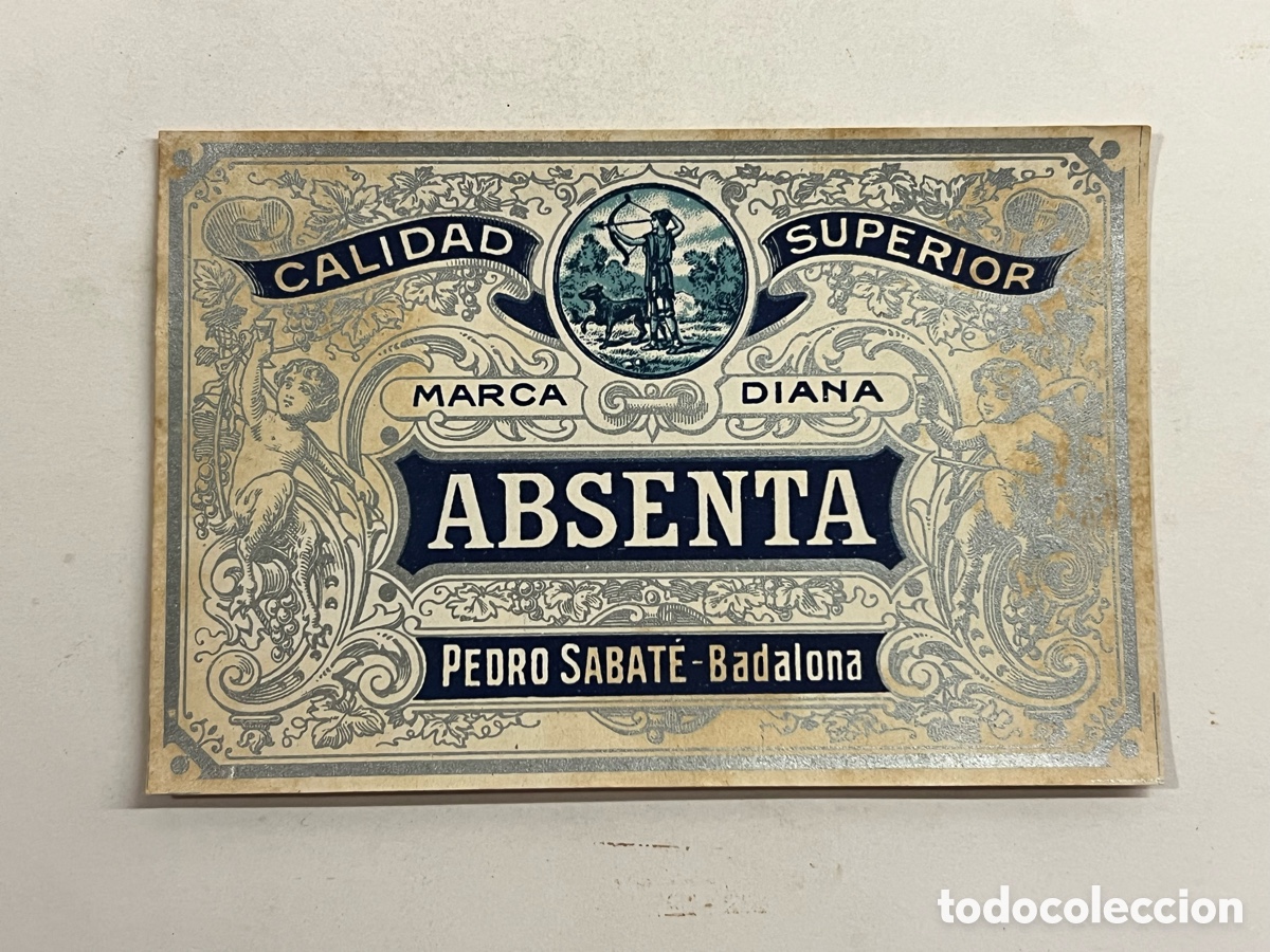 Etiquetas antiguas: BADALONA. Etiqueta antigua.. ABSENTA, Pedro Sabate. Marca Diana. Calidad Superior (h.1940?)