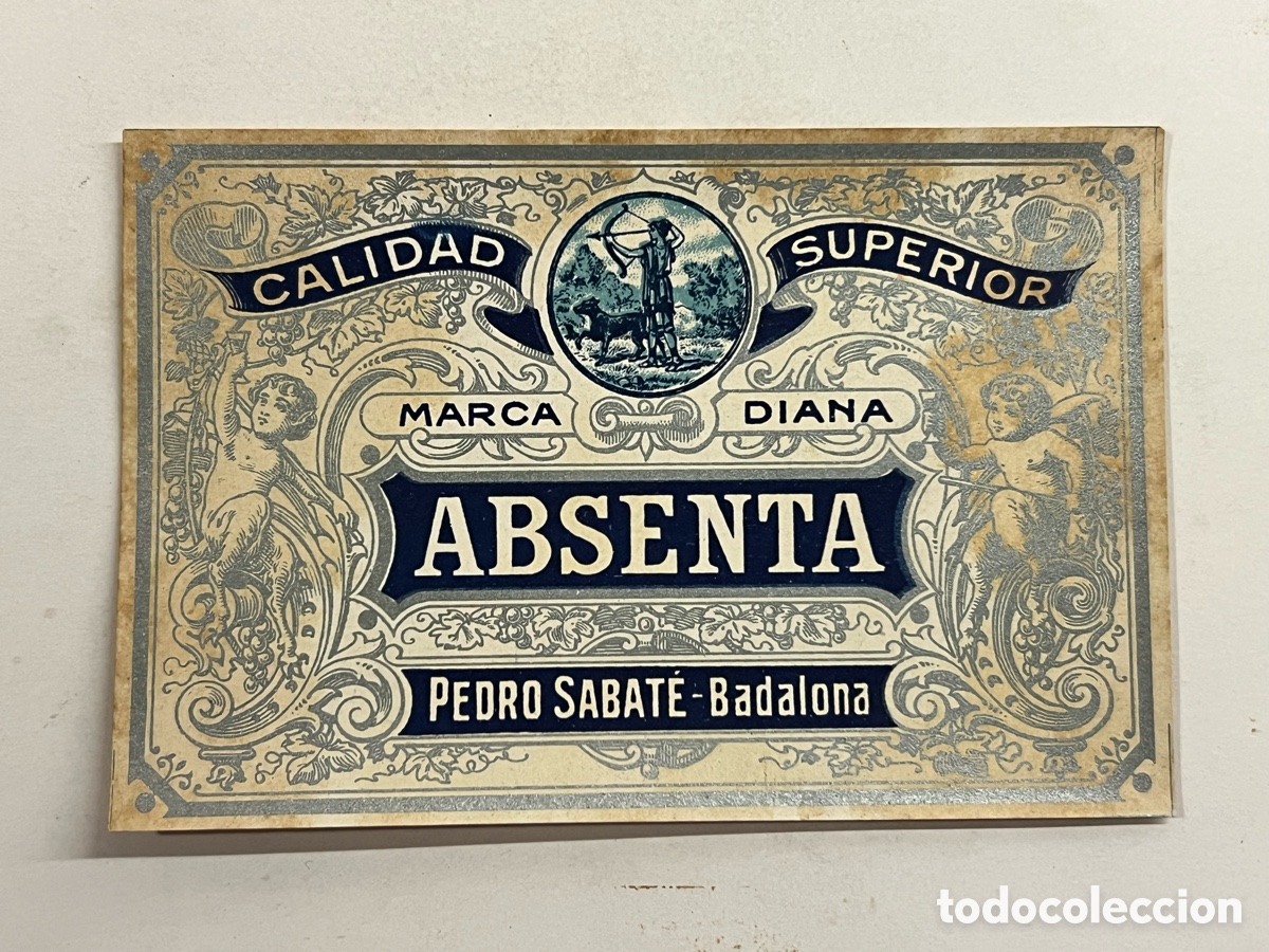 Etiquetas antiguas: BADALONA. Etiqueta antigua.. ABSENTA, Pedro Sabate. Marca Diana. Calidad Superior (h.1940?)