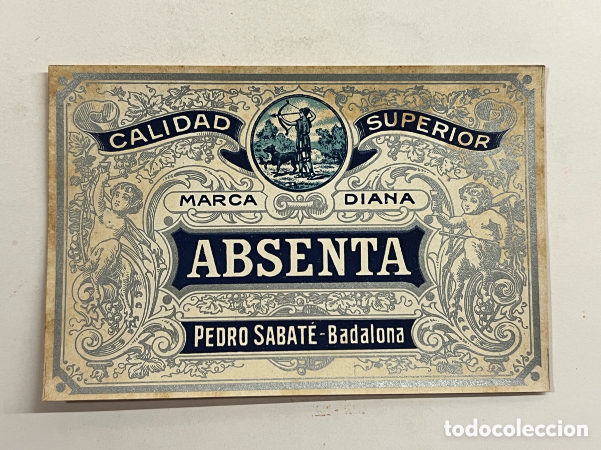 Etiquetas antiguas: BADALONA. Etiqueta antigua.. ABSENTA, Pedro Sabate. Marca Diana. Calidad Superior (h.1940?)
