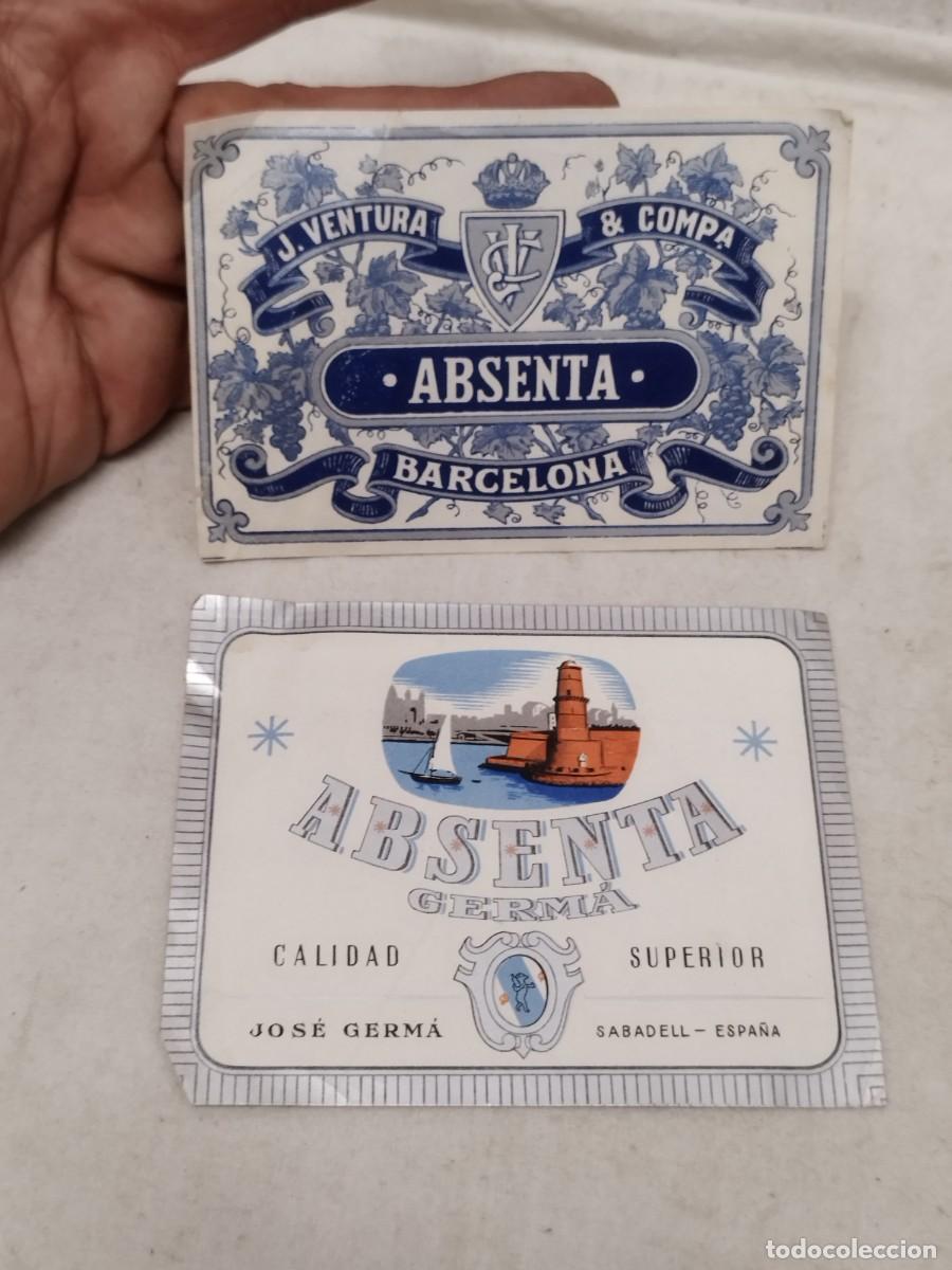 Etiquetas antiguas: Dos antiguas etiquetas Absenta J. Ventura & Compa&ntilde;&iacute;a de Barcelona. Absenta Germ&aacute;, Sabadell.