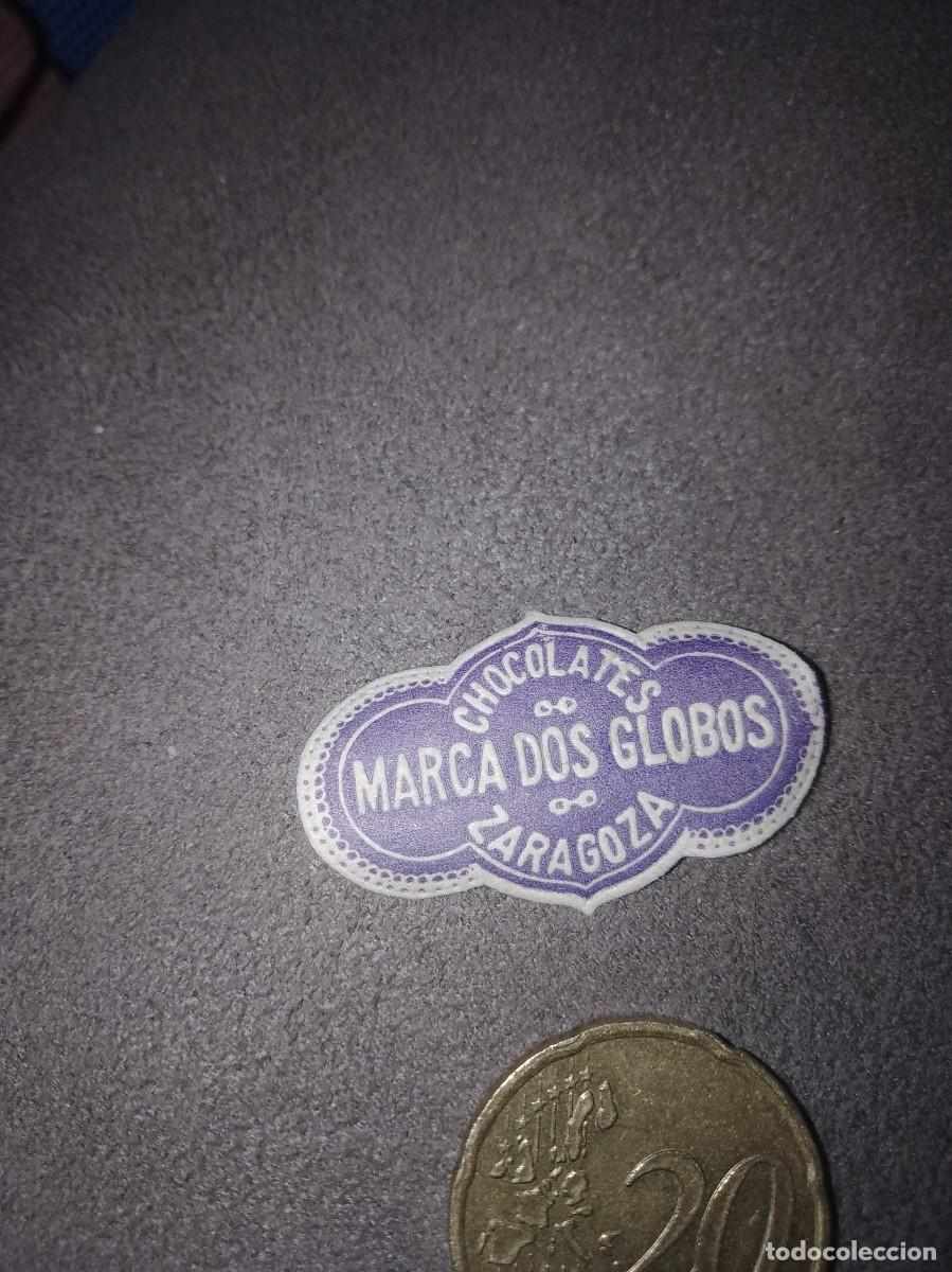 Etiquetas antiguas: Etiqueta a&ntilde;os 40 50 chocolates dos globos Zaragoza