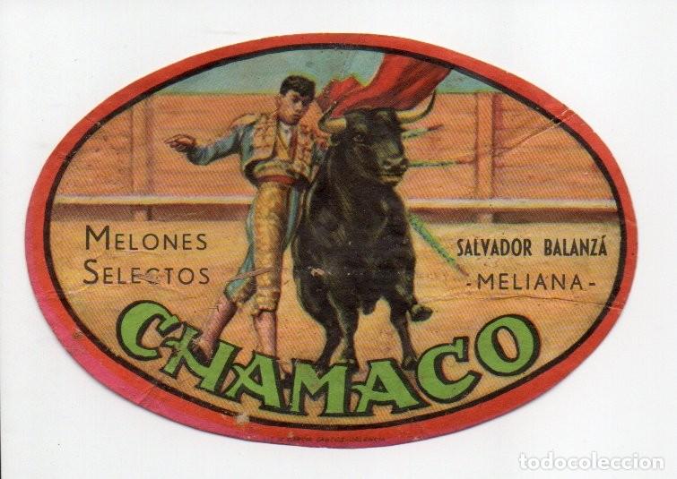 Etiquetas antiguas: ANTIGUA ETIQUETA MELONES SELECTOS CHAMACO - SALVADOR BALANZ&Aacute; - MELIANA. (VALENCIA). 11,5 X 8 CM.