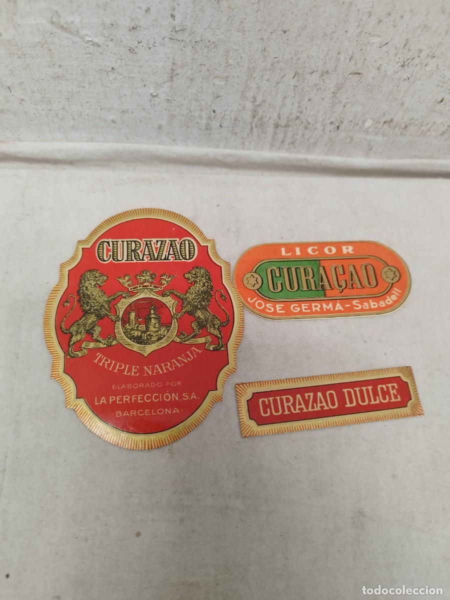 Etiquetas antiguas: 3 antiguas etiquetas de licor cura&ccedil;ao, curazao. Triple naranja la perfecci&oacute;n. Sabadell Barcelona.