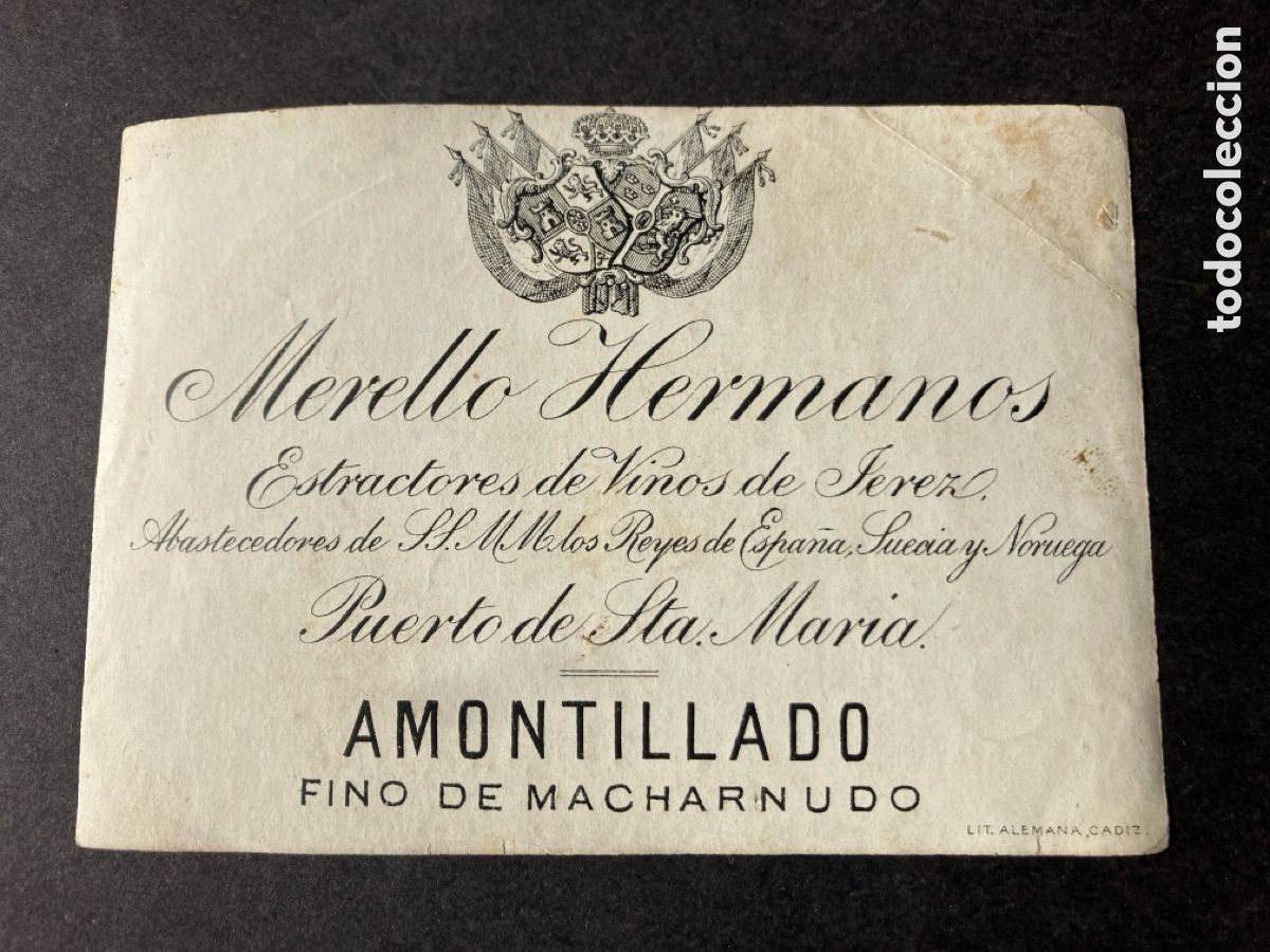 Etiquetas antiguas: Etiqueta Merello Hermanos Amontillado jetez