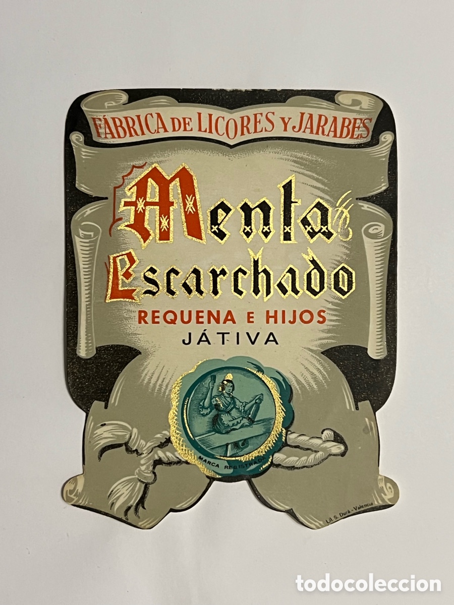 Etiquetas antiguas: J&Aacute;TIVA. ETIQUETA, MENTA ESCARCHADO REQUENA E HIJOS. F&aacute;brica de licores y Jarabes
