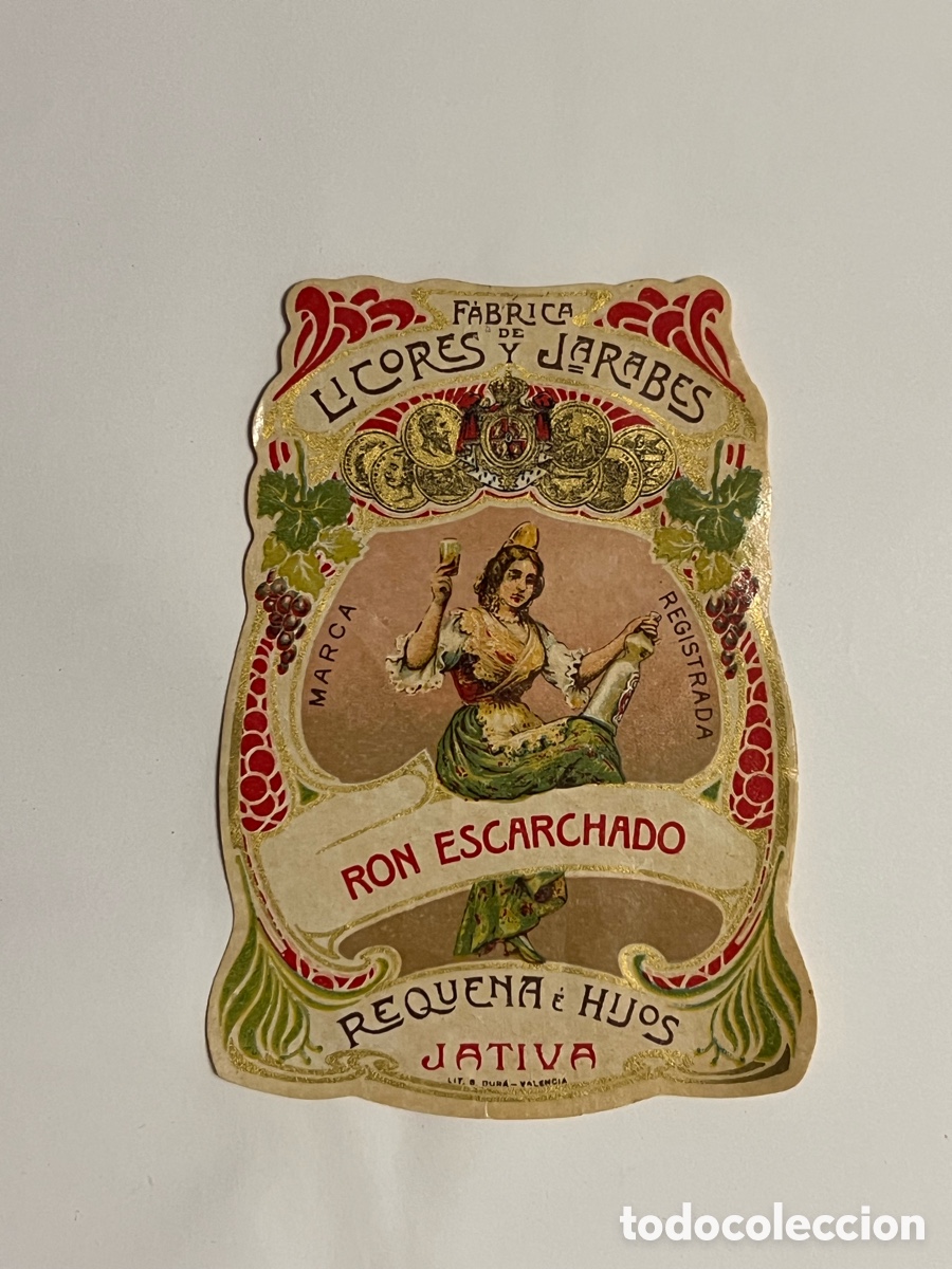 Etiquetas antiguas: J&Aacute;TIVA. Etiqueta F&aacute;brica de licores y Jarabes.. Ron Escarchado.. Requena e Hijos. Medidas: 8 x 11,5