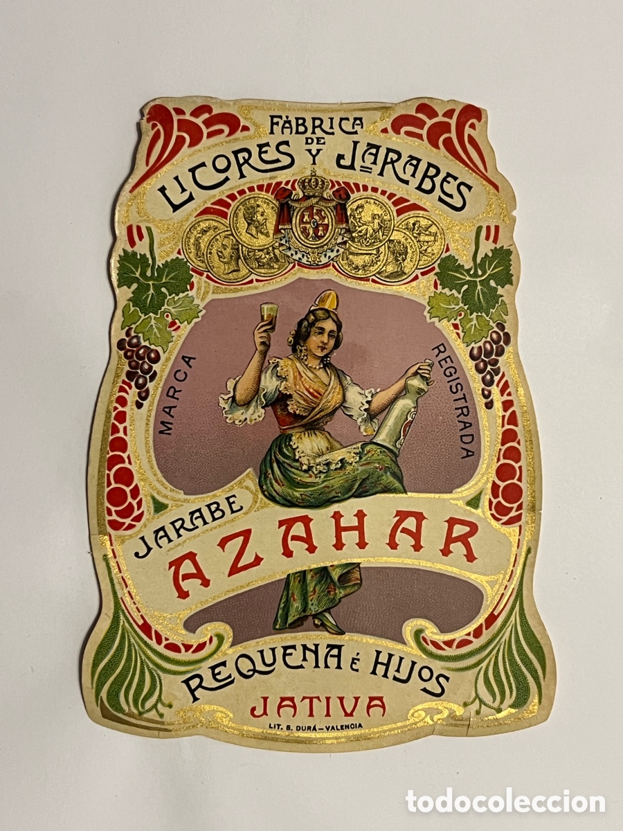 Etiquetas antiguas: J&Aacute;TIVA. JARABE AZAHAR. Etiqueta F&aacute;brica de licores y Jarabes.. Requena e Hijos. Medidas: 14 x 10,5
