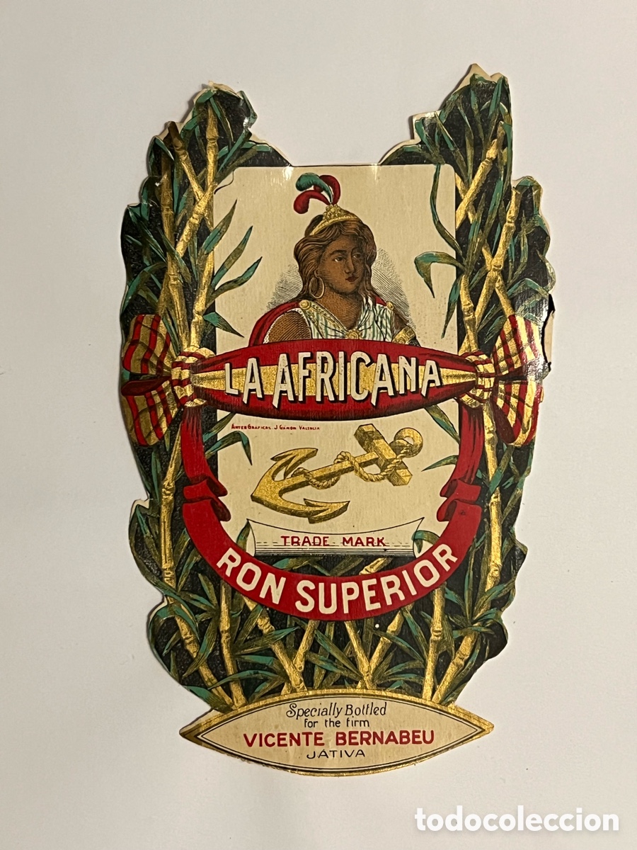 Etiquetas antiguas: J&Aacute;TIVA. ETIQUETA TROQUELADA.- LA AFRICANA RON SUPERIOR. VICENTE BERNABEU