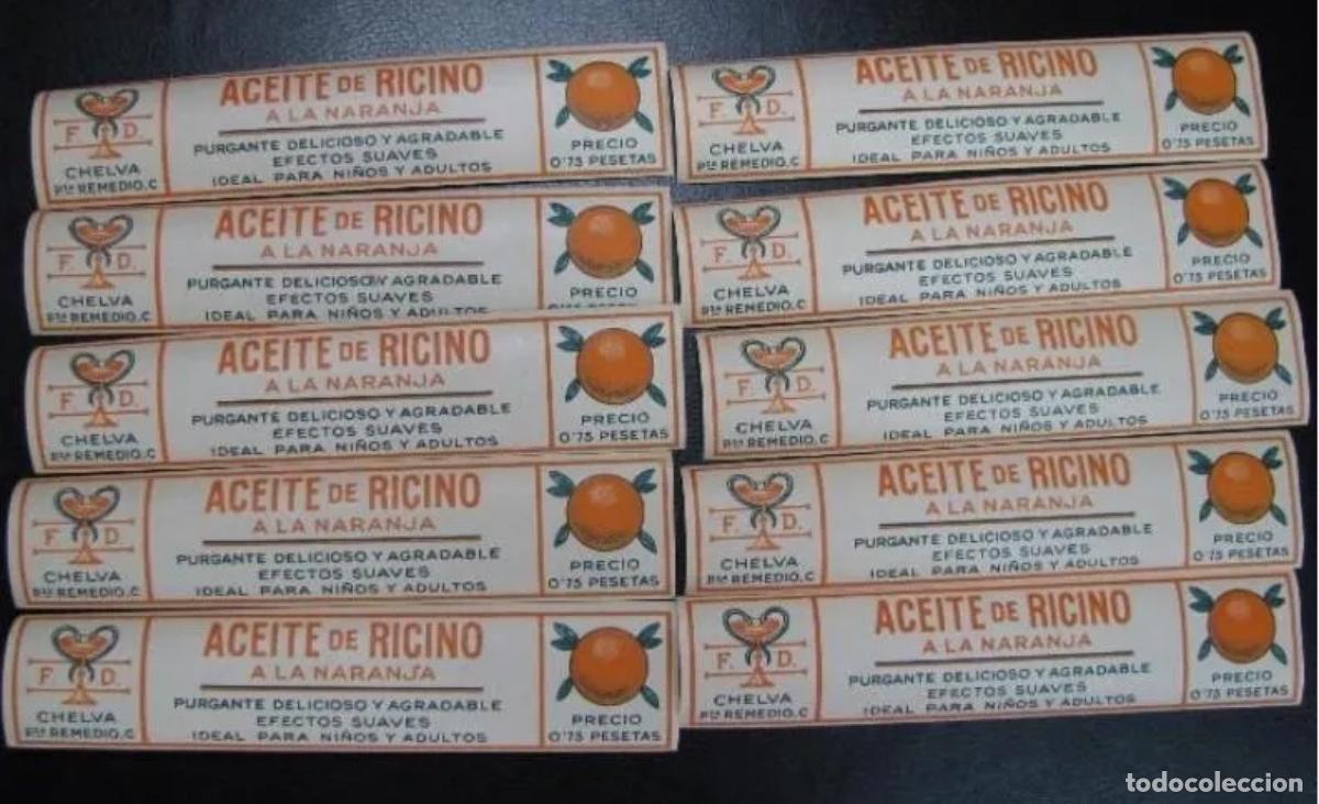 Etiquetas antiguas: 10 ETIQUETAS PARA BOTELLA ACEITE DE RICINO A LA NARANJA. FARMACIA F.DOMINGO , CHELVA