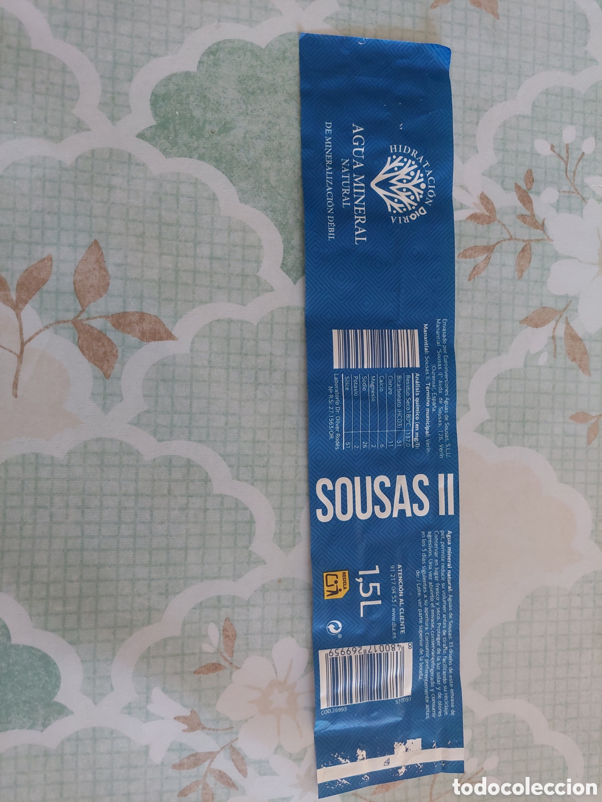 Etiquetas antiguas: ETIQUETA AGUA MINERAL NATURAL GALICIA SOUSAS OURENSE 1.5 L.