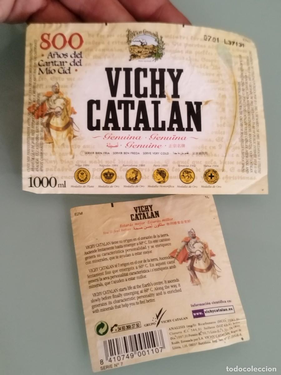 Etiquetas antiguas: 2 etiquetas de agua Vichy catal&aacute;n. 800 A&ntilde;os del Cantar del Mio Cid. Agua con gas.