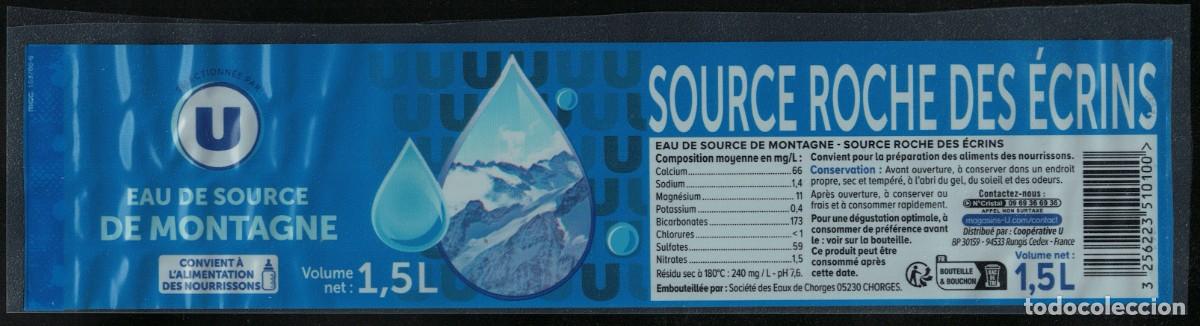 Etiquetas antiguas: Francia Etiquette Eau de Source Roche des &Eacute;crins Montagne Coop&eacute;rative U RP602