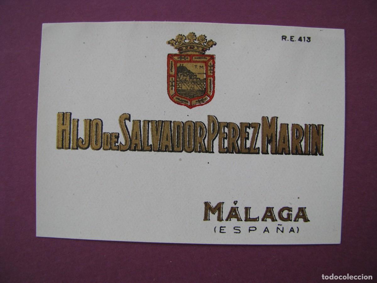 Etiquetas antiguas: ETIQUETA DE HIJO DE SALVADOR PEREZ MARIN, MALAGA. 7,2X5 CM
