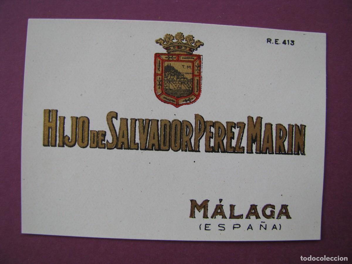 Etiquetas antiguas: ETIQUETA DE HIJO DE SALVADOR PEREZ MARIN, MALAGA. 7,2X5 CM