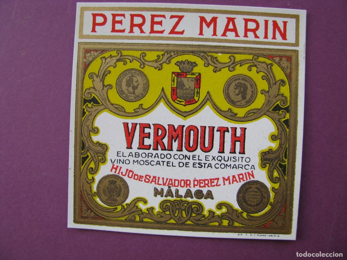 Etiquetas antiguas: ETIQUETA DE PEREZ MARIN. MALAGA. VERMOUTH. 7X7 CM
