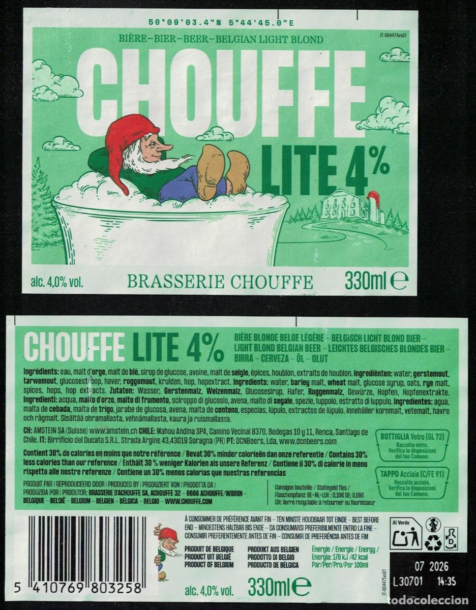 Etiquetas antiguas: Belgica Lot 2 Etiquettes Bi&egrave;re Beer Labels Chouffe Lite 4% RP630