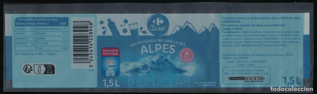 Etiquetas antiguas: Francia Etiquette Eau Min&eacute;rale Naturelle Alpes Source Montclar Carrefour RP645
