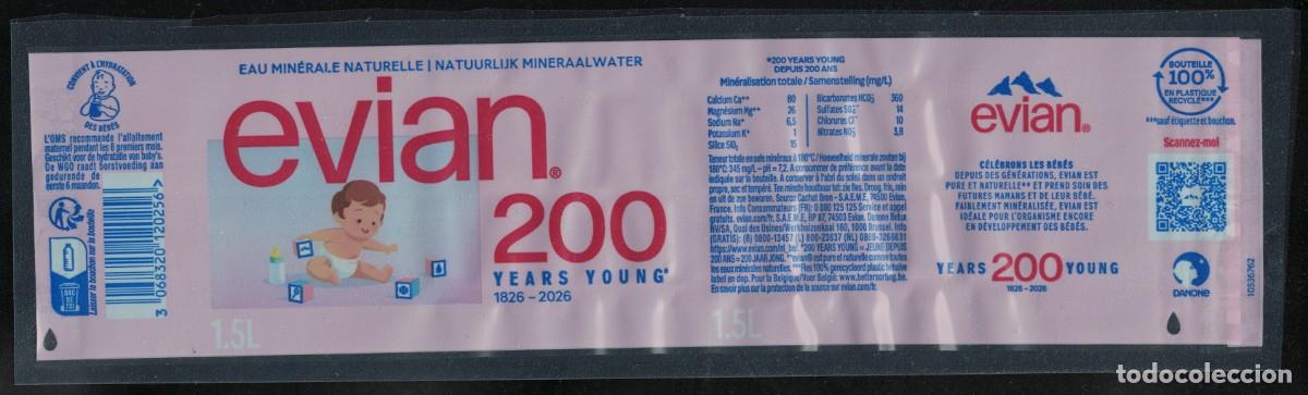 Etiquetas antiguas: Francia Etiquette Eau Min&eacute;rale Naturelle Evian 200 Years Young b&eacute;b&eacute; 1,5 L RP577