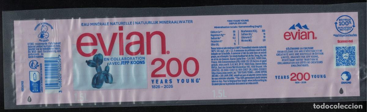 Etiquetas antiguas: Francia Etiquette Eau Min&eacute;rale Naturelle Evian 200 Years Young Jeff Koons 1,5 L RP578