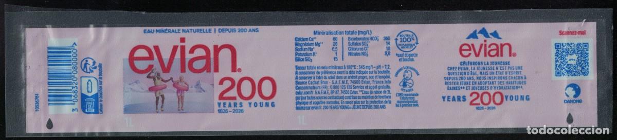 Etiquetas antiguas: Francia Etiquette Eau Min&eacute;rale Naturelle Evian 200 Years Young seniors avec bou&eacute;es 1 L RP582