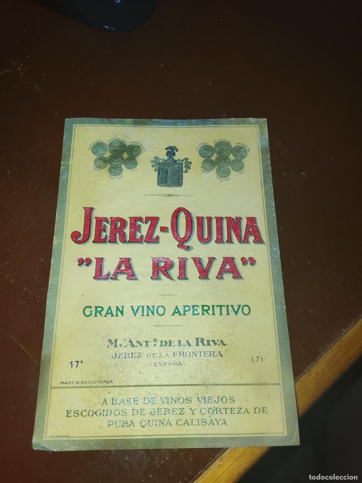 Etiquetas antiguas: Antigua Etiqueta Grande Jerez-Quina &rdquo;La Riva&rdquo; - M. Ant&ordm; de la Riva - Jerez de la Frontera