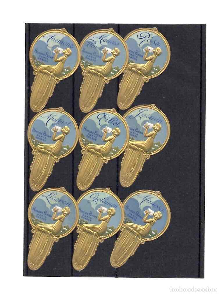 Etiquetas antiguas: LOTE DE 9 ETIQUETAS PERFUME TROQUELADAS HONOR&Eacute; PAYAN, PARIS. C.1900