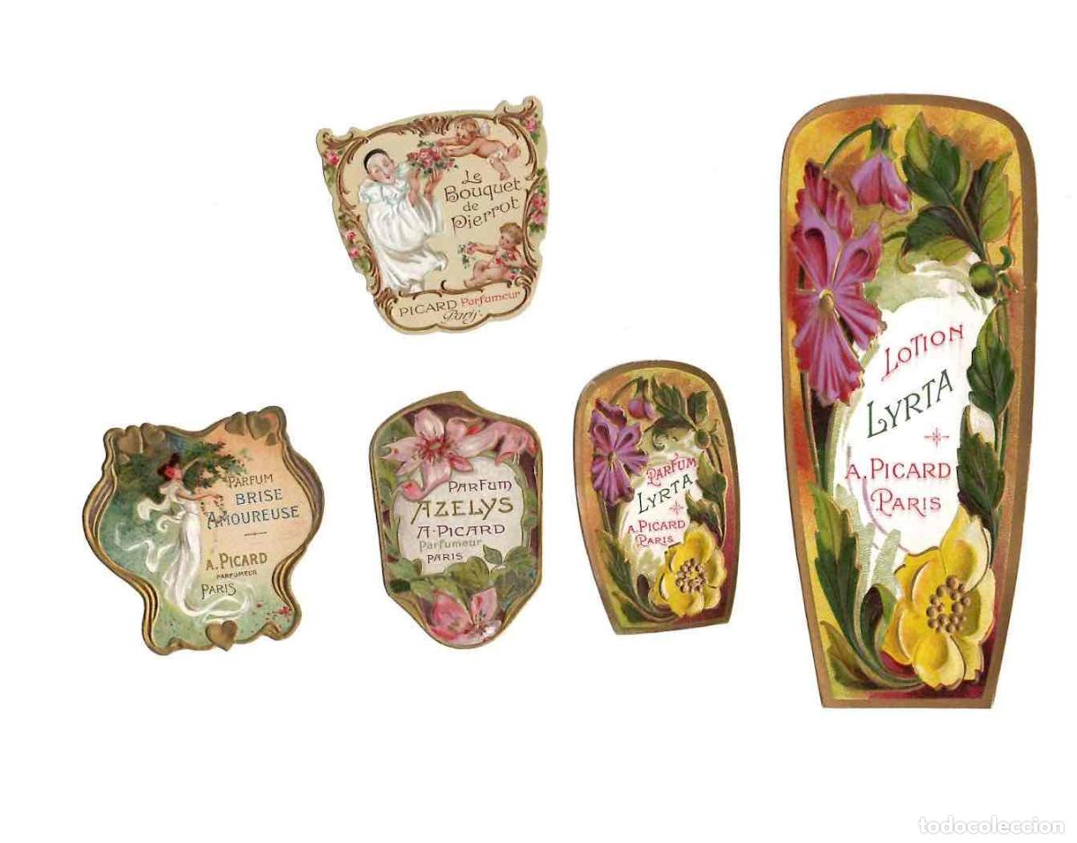 Etiquetas antiguas: LOTE DE 5 ETIQUETAS PERFUME LOCION A. PICARD. PARIS. C.1900
