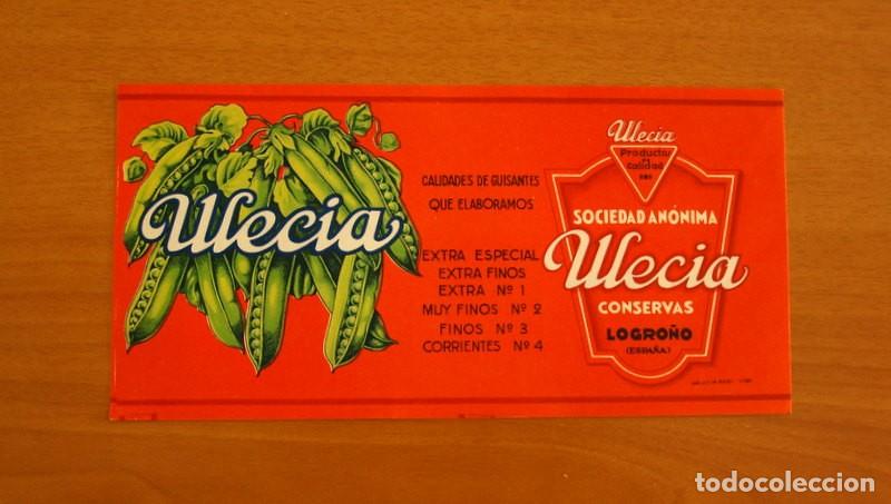 Etiquetas antiguas: Conservas Sociedad An&oacute;nima ULECIA - Logro&ntilde;o - Guisantes - Etiqueta tama&ntilde;o 25x10,5 cm.