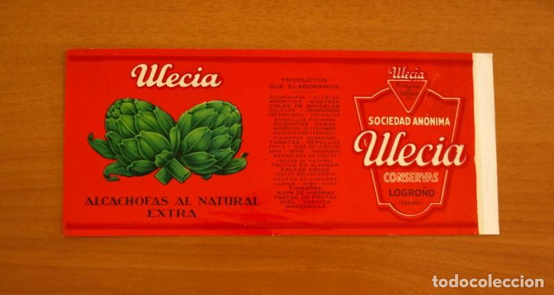 Etiquetas antiguas: Conservas Sociedad An&oacute;nima ULECIA -Logro&ntilde;o -Alcachofas al Natural Extra -Etiqueta tama&ntilde;o 25x10,5 cm.