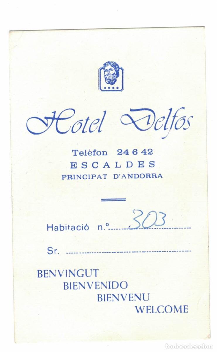 Etiquetas antiguas: Tarjeta habitaci&oacute;n Hotel Delfos Escaldes Andorra original