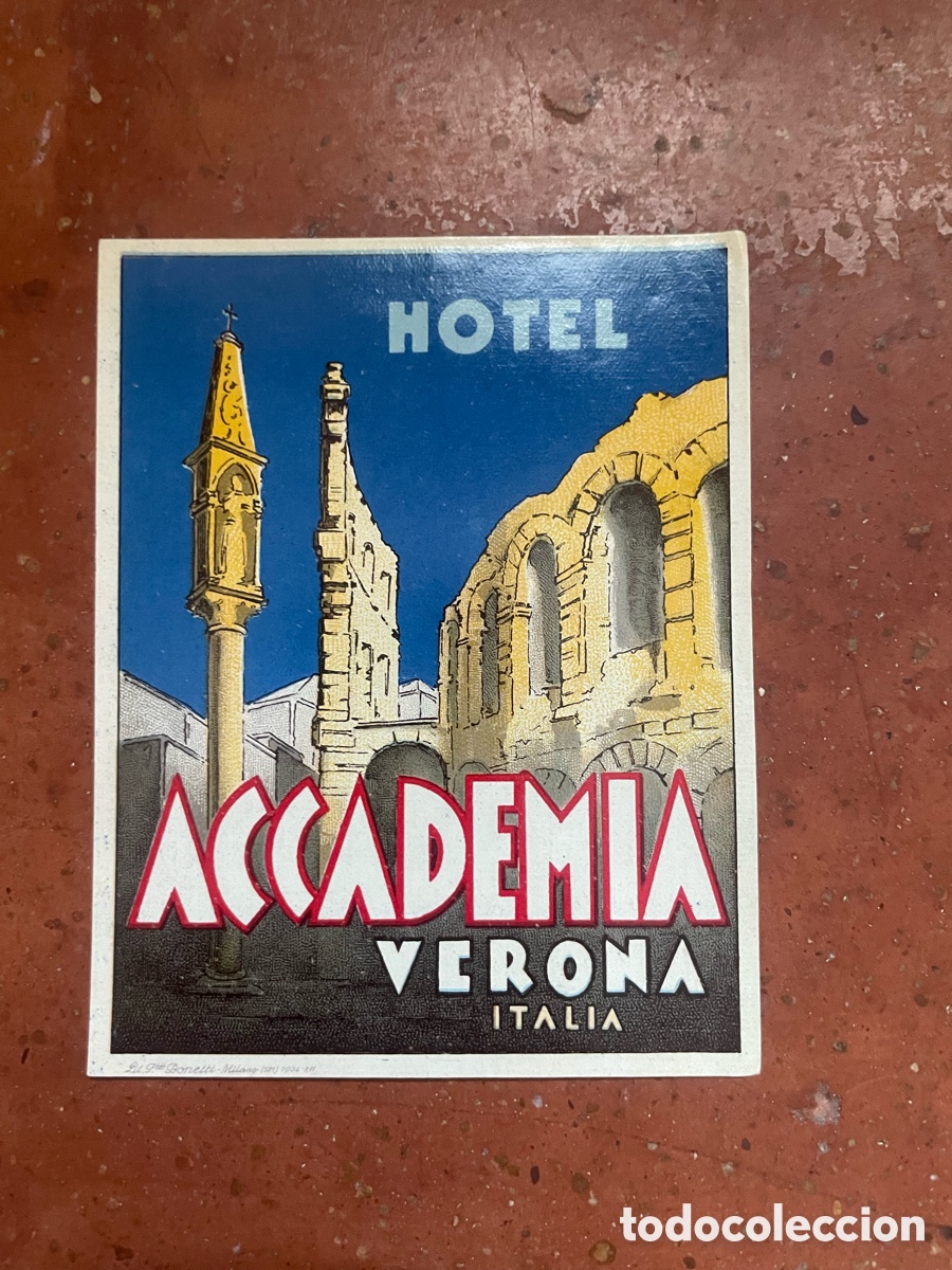 Etiquetas antiguas: Etiqueta Hotel Accademia, 12 cm alto x 9,5 cm ancho