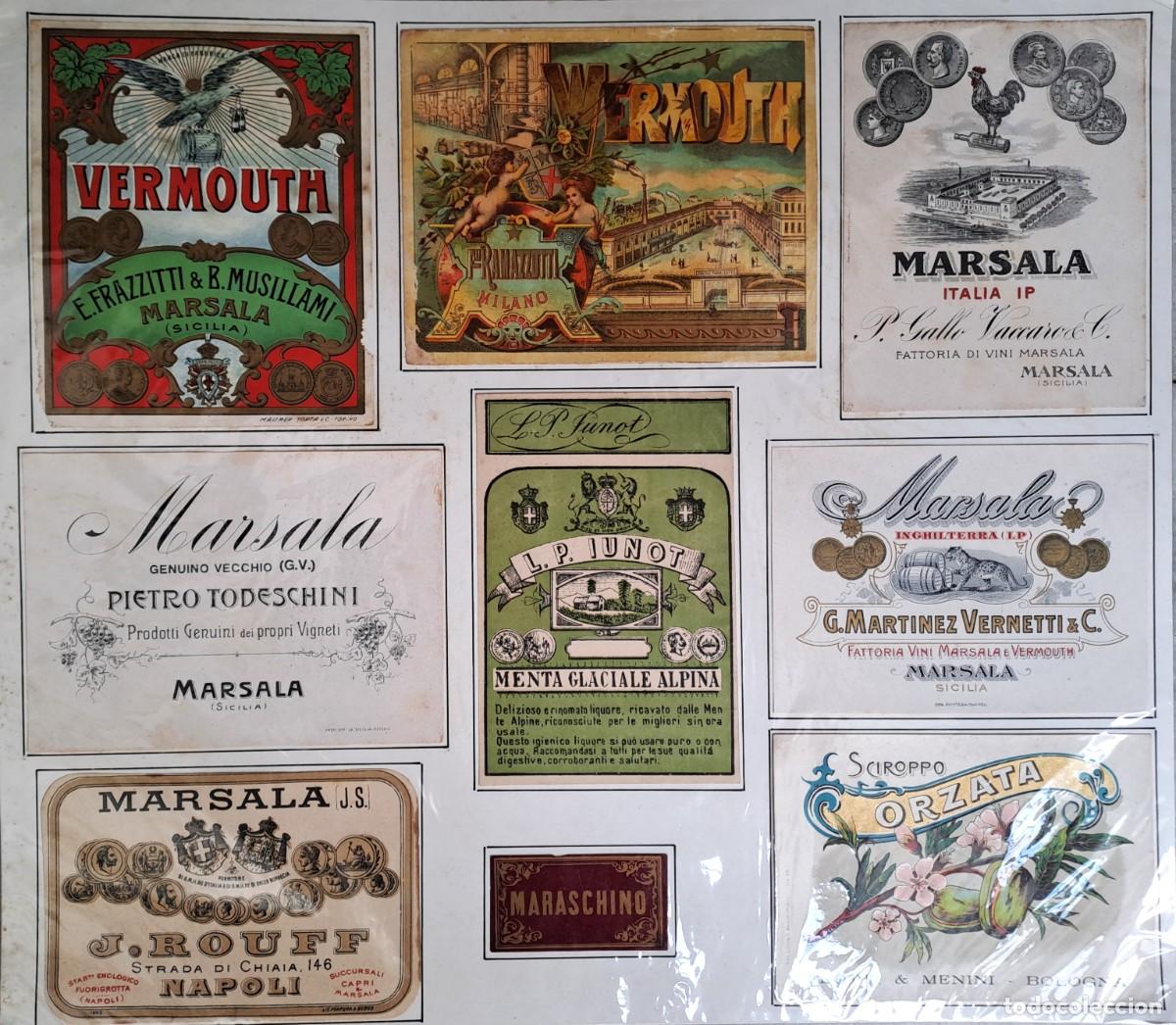 Etiquetas antiguas: LOTE DE NUEVE ETIQUETAS DE VINO PEGADA EN CARTULINA Y PLASTIFICADA. ET-1952