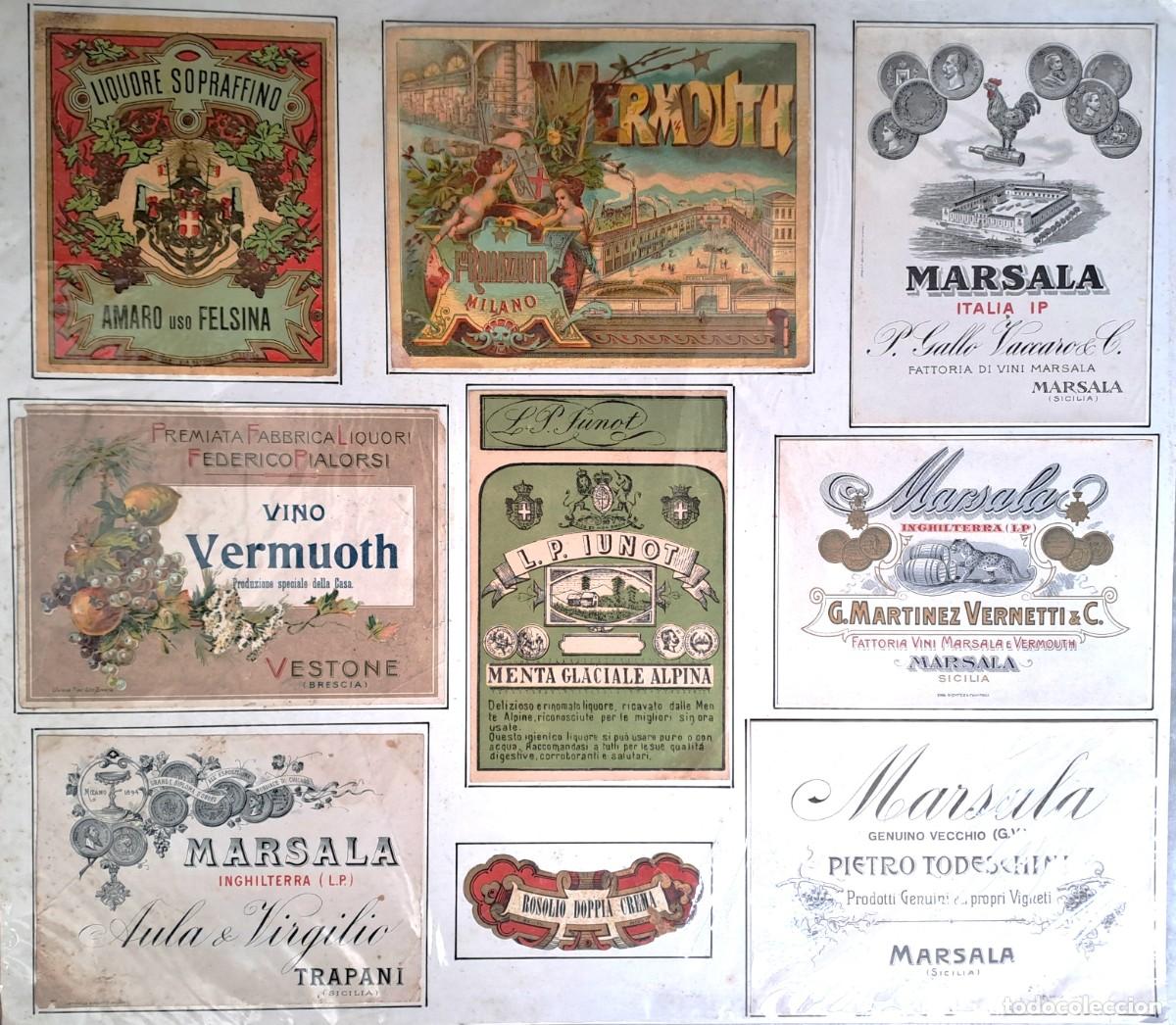 Etiquetas antiguas: LOTE DE NUEVE ETIQUETAS DE VINO PEGADA EN CARTULINA Y PLASTIFICADA. ET-1953