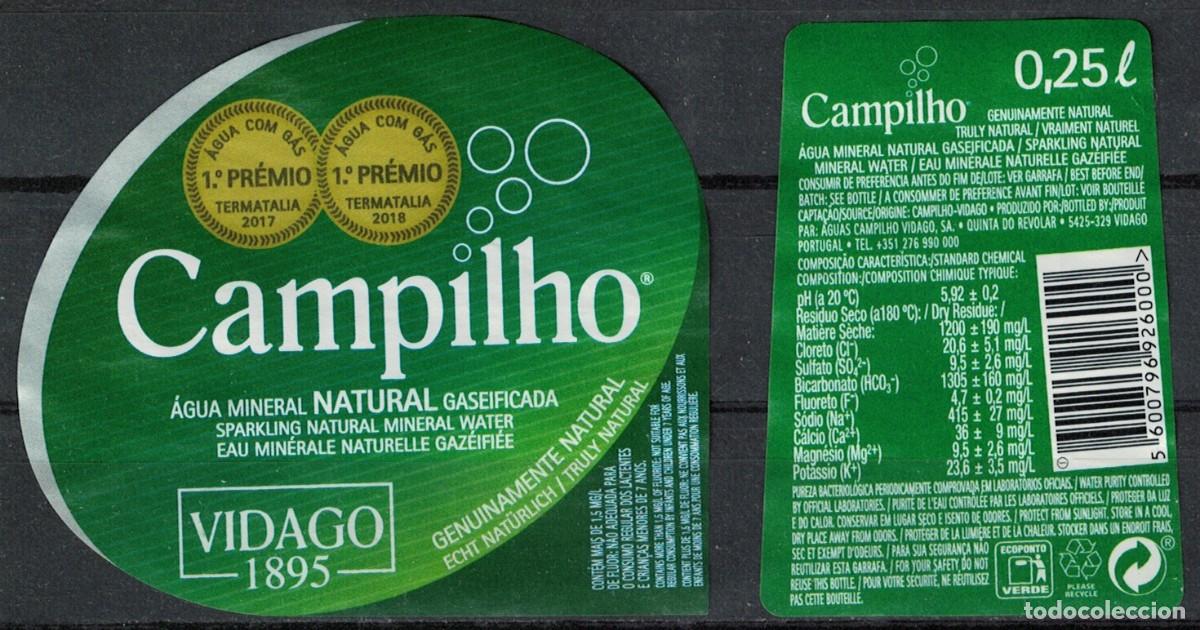 Etiquetas antiguas: Portugal Lot 2 &eacute;tiquettes Eau Min&eacute;rale Naturelle gaz&eacute;ifi&eacute;e Campilho 25cl RP687