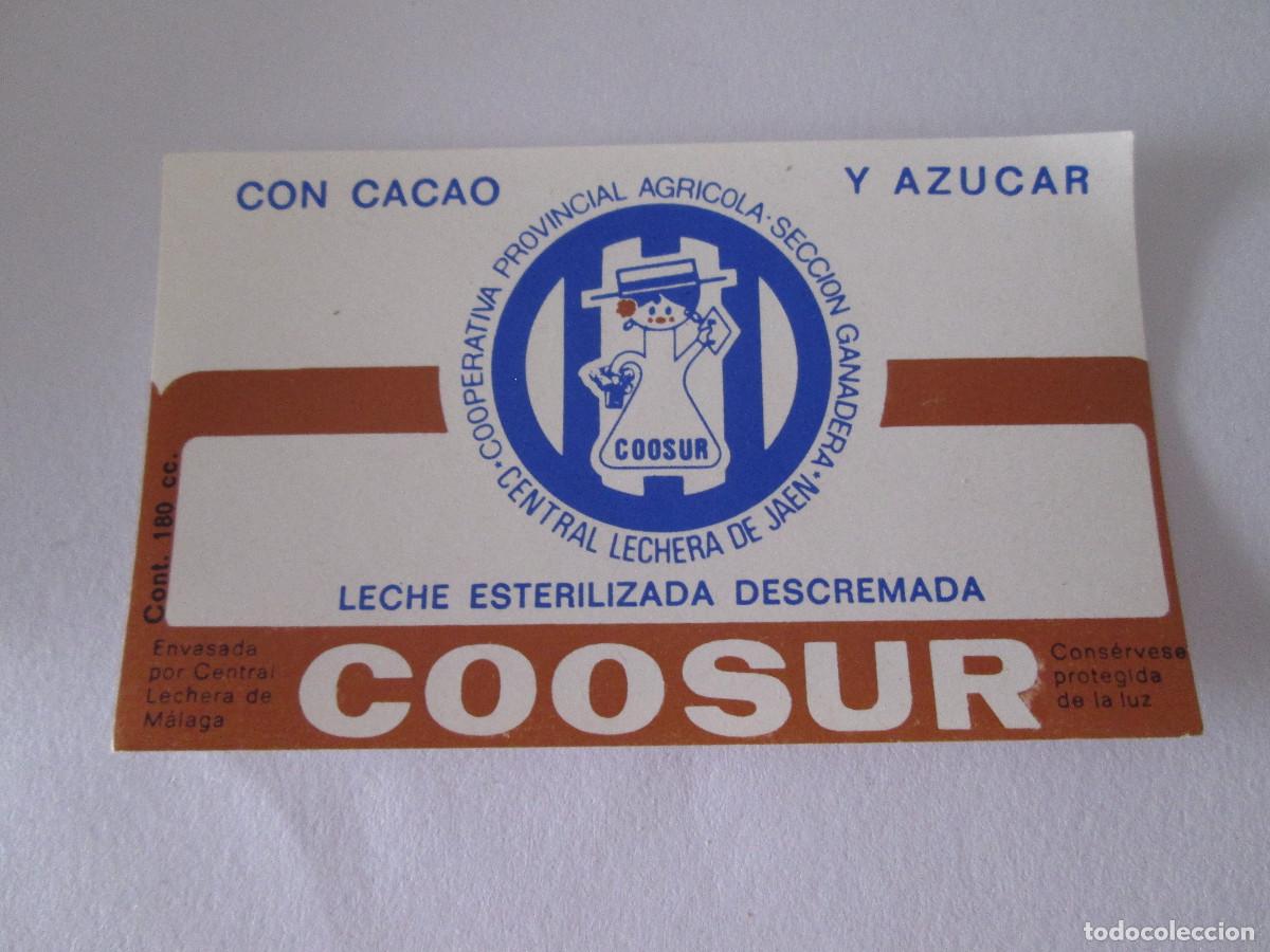 Etiquetas antiguas: ETIQUETA LECHE COOSUR - CON CACAO Y AZUCAR - CENTRAL LECHERA DE MALAGA - 180 CC - 7,5X4,5 CM-SIN USO