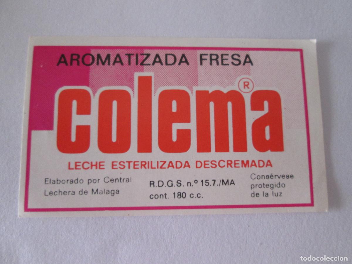 Etiquetas antiguas: ETIQUETA LECHE COLEMA - AROMATIZADA FRESA - CENTRAL LECHERA DE MALAGA - 1 LITRO - 10X6 CM-SIN USO