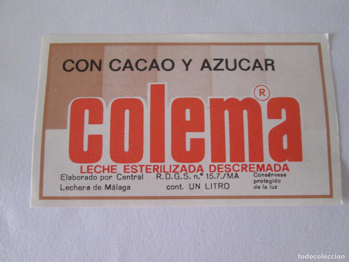 Etiquetas antiguas: ETIQUETA LECHE COLEMA - CON CACAO Y AZUCAR - CENTRAL LECHERA DE MALAGA - 1 LITRO - 10X6 CM-SIN USO