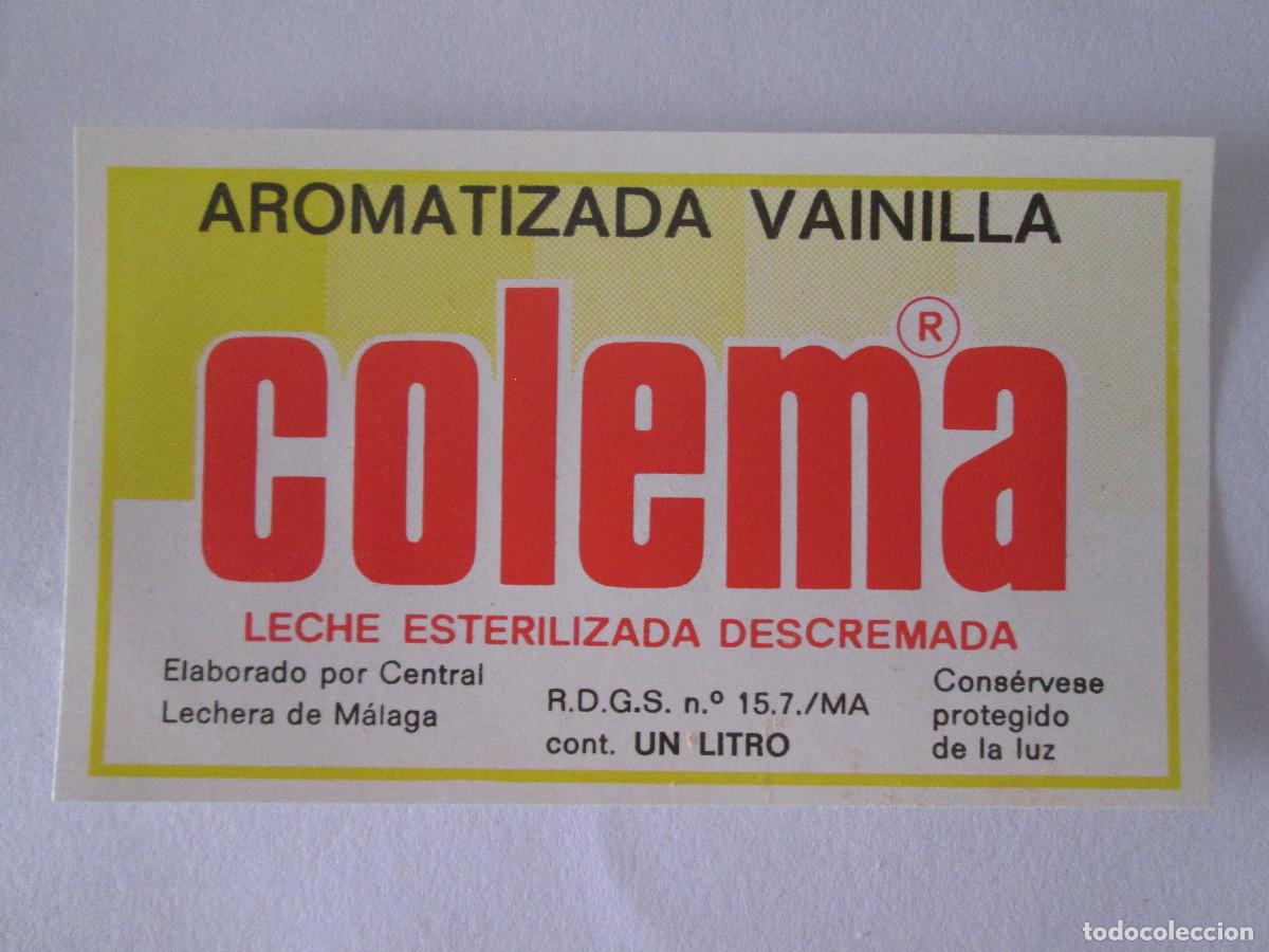 Etiquetas antiguas: ETIQUETA LECHE COLEMA - AROMATIZADA VAINILLA - CENTRAL LECHERA DE MALAGA - 1 LITRO - 10X6 CM-SIN USO