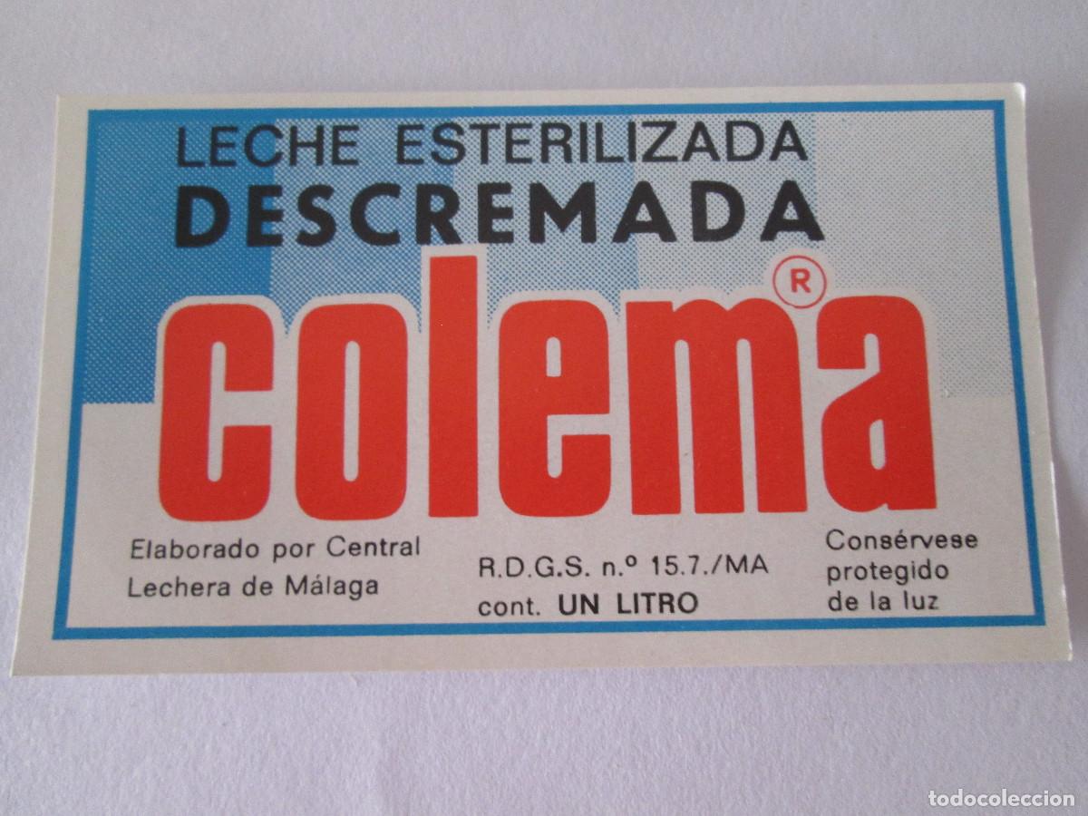 Etiquetas antiguas: ETIQUETA LECHE COLEMA - LECHE ESTERILIZADA DESCREMADA - CENTRAL D MALAGA - 1 LITRO - 10X6 CM-SIN USO