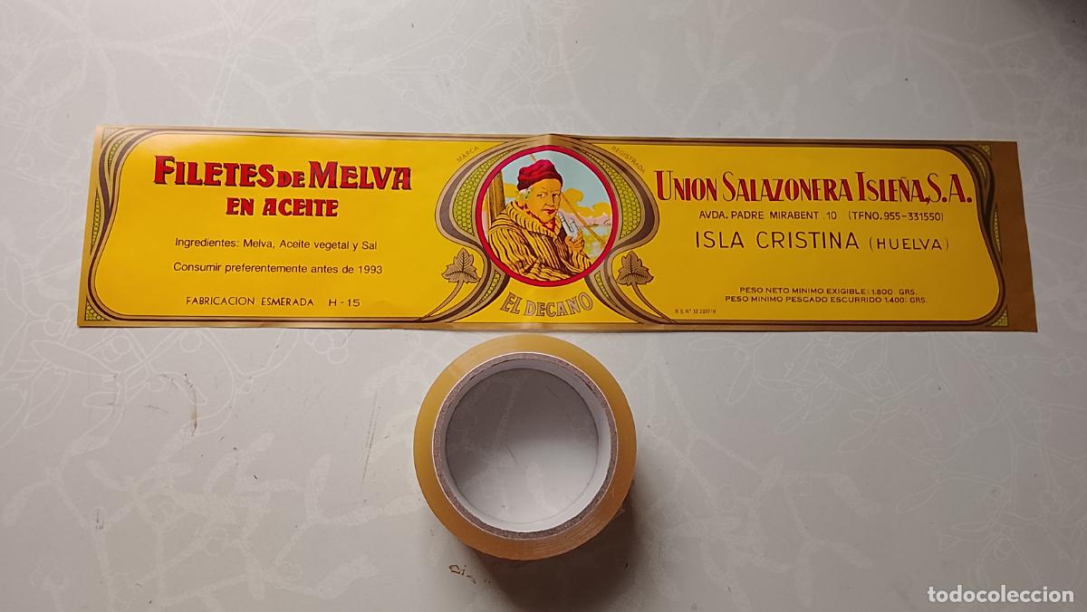 Etiquetas antiguas: GIGANTE ETIQUETA FILETES DE MELVA UNION SALAZONERA ISLE&Ntilde;A ISLA CRISTINA HUELVA EL DECANO 49X10,5 CM