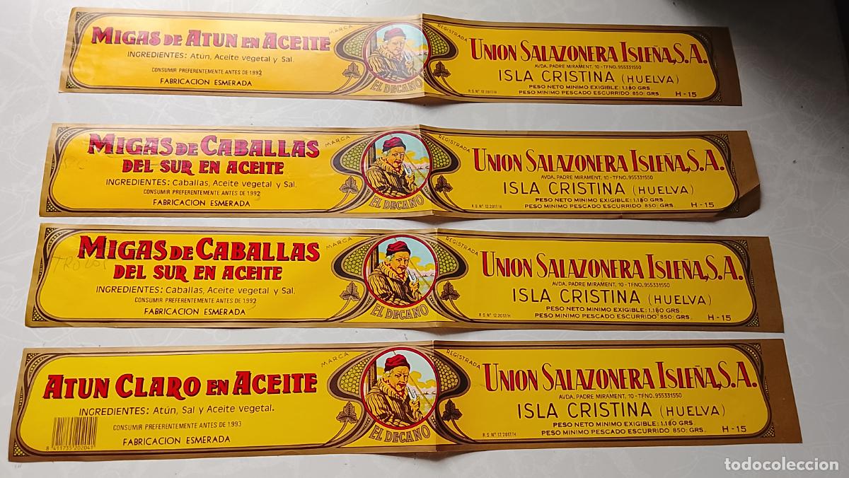 Etiquetas antiguas: 4 GRANDE ETIQUETAS CABALLAS ATUN UNION SALAZONERA ISLE&Ntilde;A ISLA CRISTINA HUELVA EL DECANO 49X6,5CM