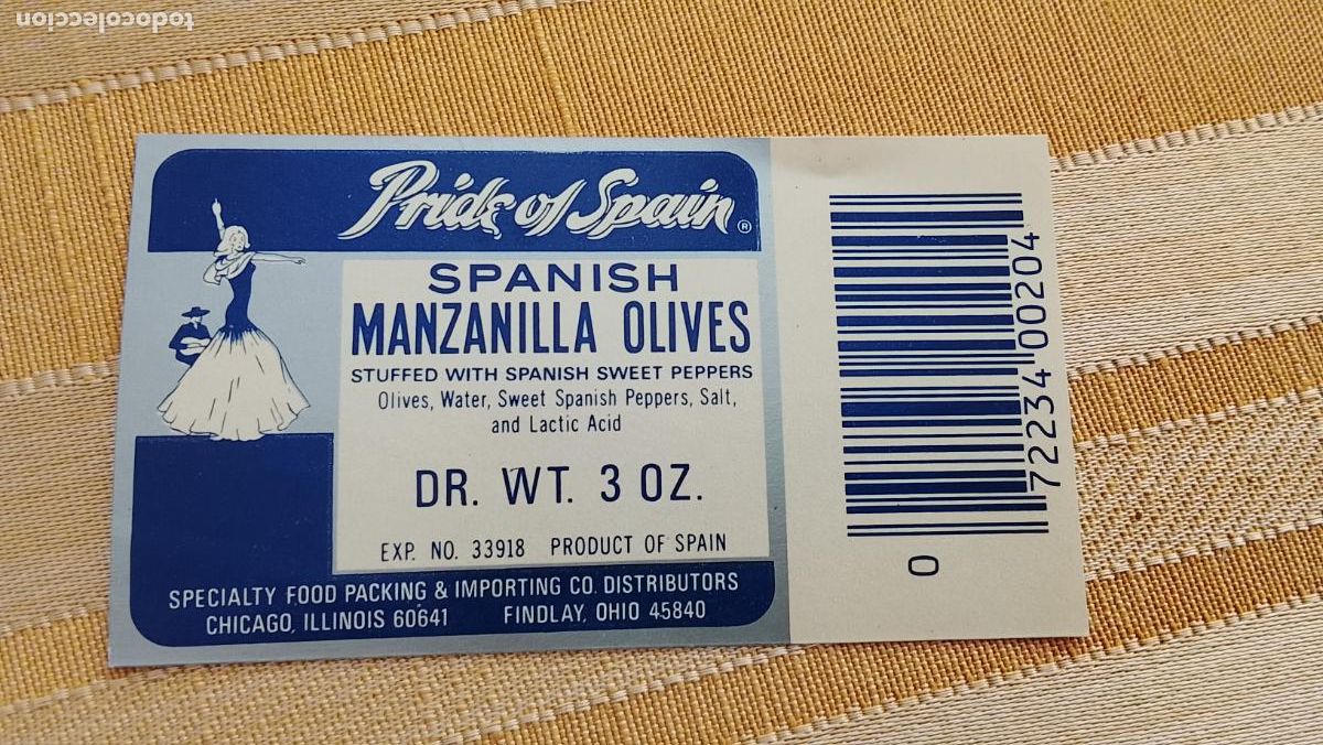 Etiquetas antiguas: ETIQUETA ANTIGUA ACEITUNAS OLIVAS MANZANILLA MUJER