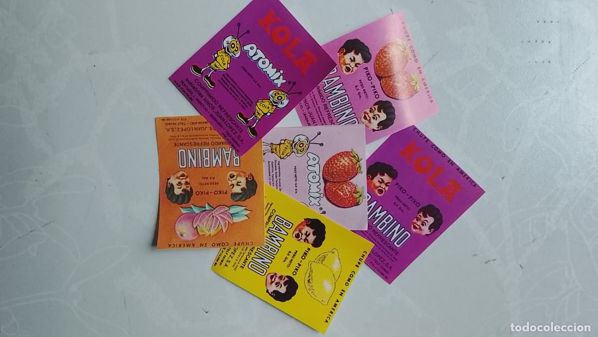 Etiquetas antiguas: 6 ENVOLTORIOS CARAMELOS COMPRIMIDOS ATOMIX BAMBINO TIPO PEZ O ESCALOFRIOS - LEER