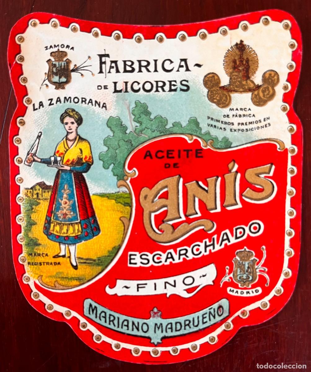 Etiquetas antiguas: PRECIOSA ETIQUETA, FABRICA DE LICORES, ACEITE DE ANIS ESCARCHADO, MARIANO MADRUE&Ntilde;O, LA ZAMORANA, MA
