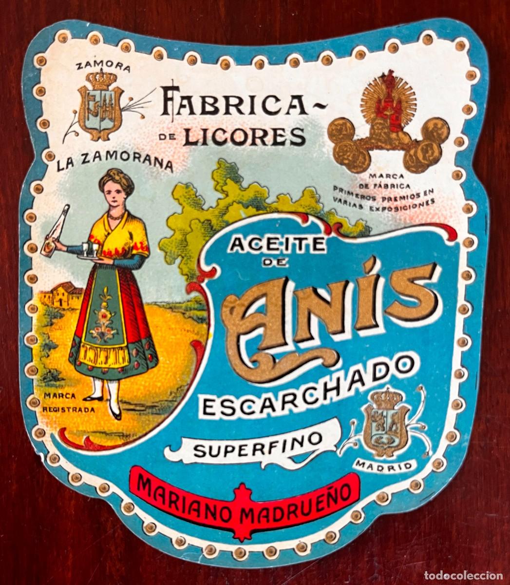 Etiquetas antiguas: PRECIOSA ETIQUETA, FABRICA DE LICORES, ACEITE DE ANIS ESCARCHADO, MARIANO MADRUE&Ntilde;O, LA ZAMORANA, MA