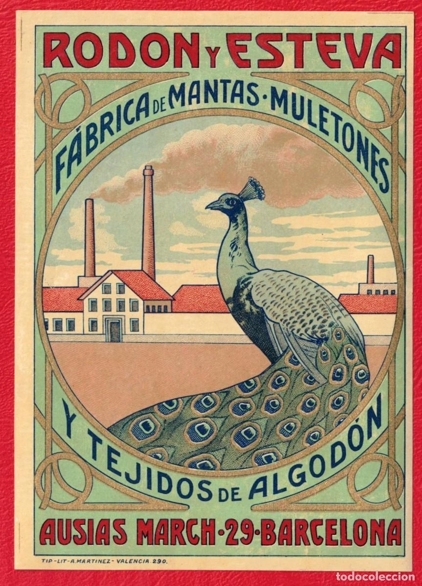 Etiquetas antiguas: Rodon y Esteva Fabrica de mantas Muletones y tejidos algodon Ausias March 29 Barcelona