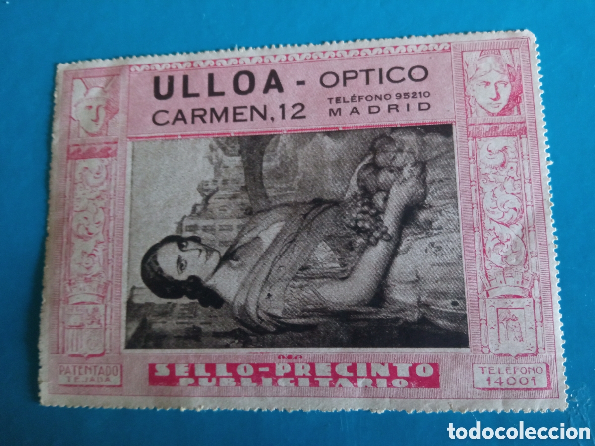 Etiquetas antiguas: Antiguo sello-Precinto, Ulloa Optico, Madrid, mide 11,1x8cm