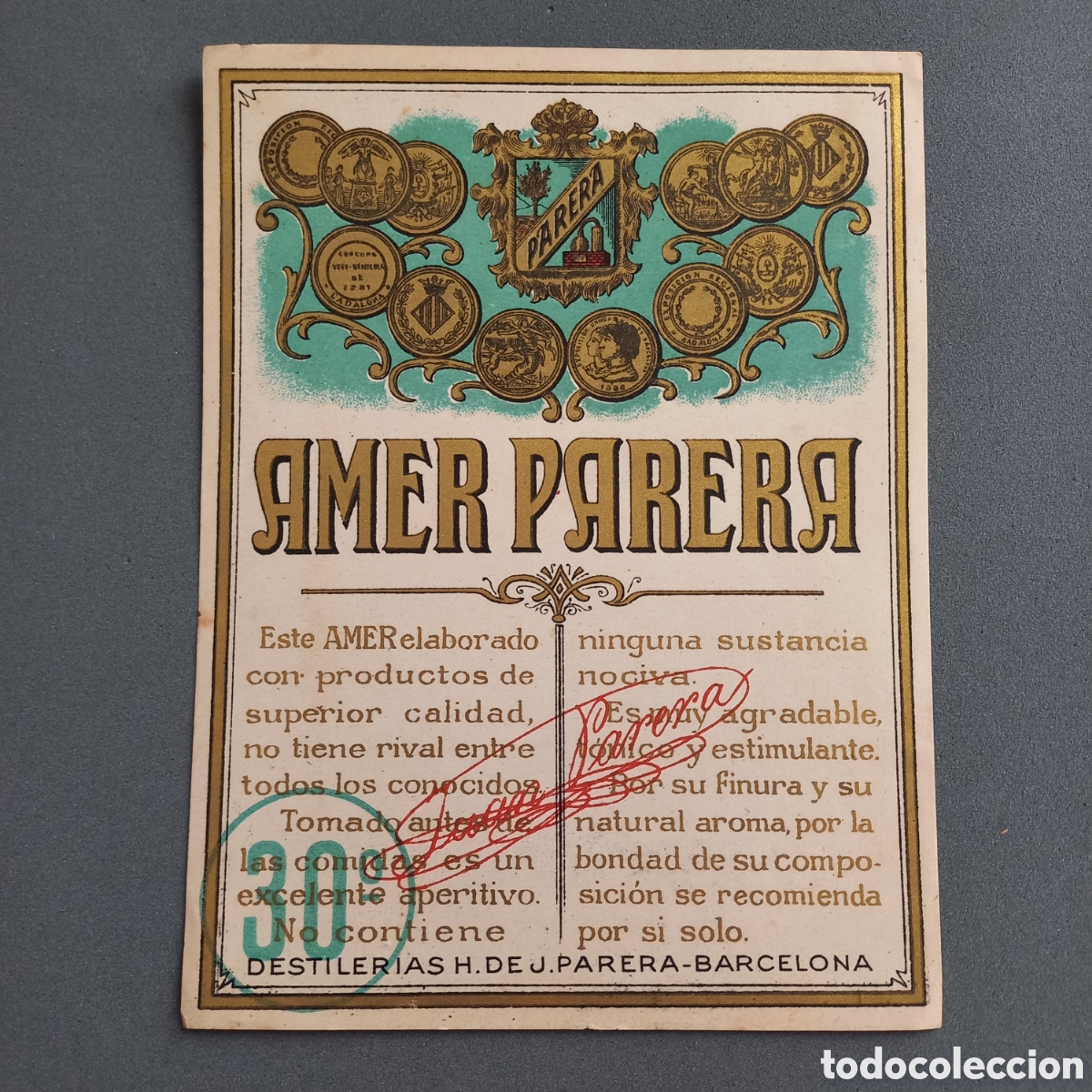 Etiquetas antigas: Antigua etiqueta de vermut - aperitivo. AMER PARERA. Destiler&iacute;as H. de J Parera - Barcelona. A&ntilde;os 50