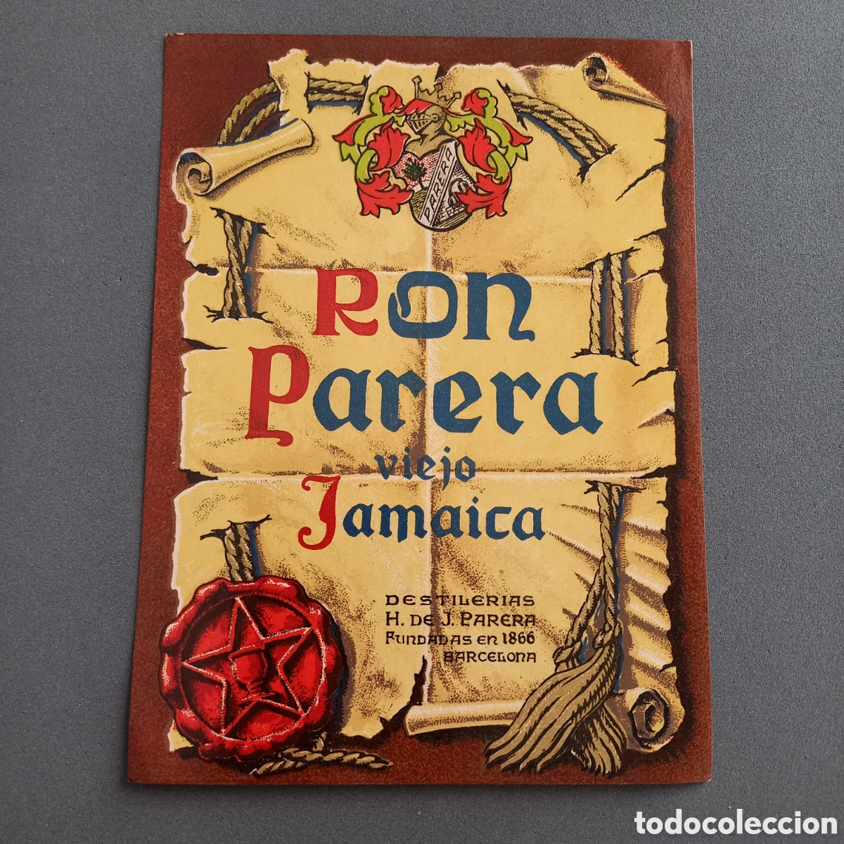 Etiquetas antiguas: Antigua etiqueta de RON PARERA viejo Jamaica, Destiler&iacute;as Hijos de Juan P., Barcelona. A&ntilde;os 50 - 60