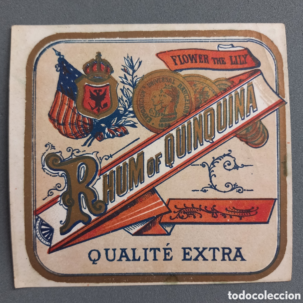 Etiquetas antigas: Antigua etiqueta RHUM OF QUININA Flower the Lily Qualit&eacute; Extra. Posiblemente t&oacute;nico RONQUINA a&ntilde;os 30